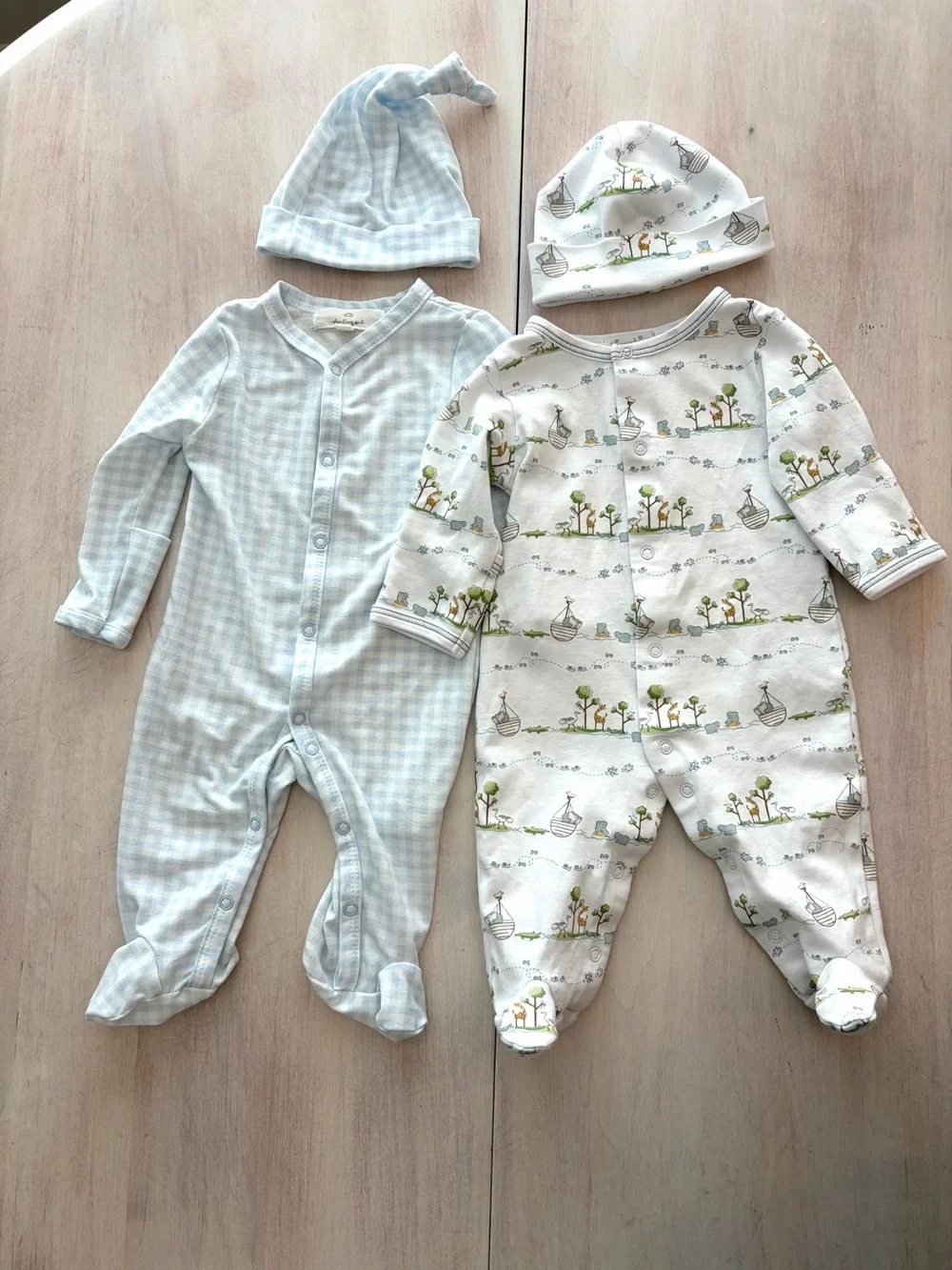 Kissy Kissy Blue Noah’s Ark and Blue Gingham Footie Size Newborn for Baby Boy